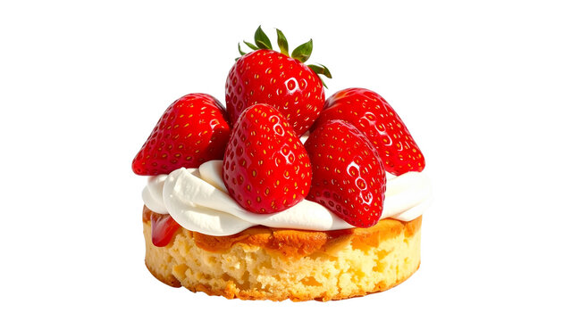 Fresh strawberry shortcake topped with whipped cream and ripe strawberries, vibrant colors, realistic texture, isolated on transparent background, PNG.