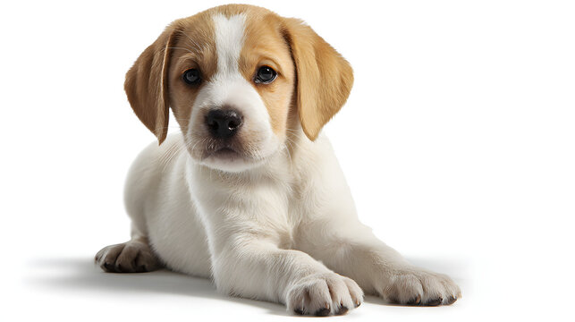 Adorable Beagle Puppy Lying Down with Curious Expression on White Background