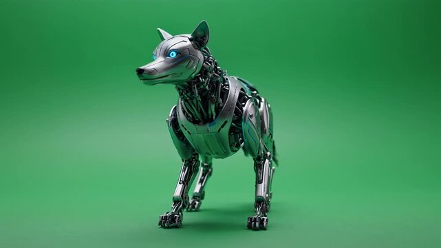 Robotic canine walking with cinematic motion against a green screen backdrop