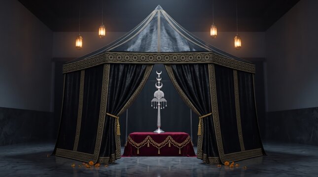 A majestic black and gold ceremonial tent structure featuring an ornate silver alam symbol atop a velvet red table in a dark hall