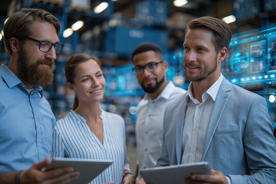 Business team discusses blockchain implementation in warehouse setting with digital displays showing data and charts in the background during a workday