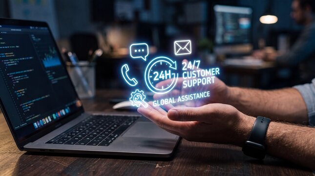 Holographic 24 7 customer support icon over laptop