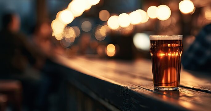 Amber ale in a pint glass sits on a bar with bokeh lights