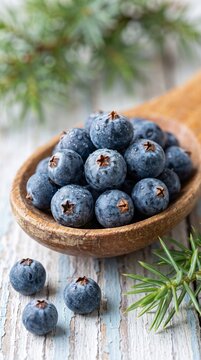 Fresh juniper berries in wooden spoon on rustic table with spoon filled ingredient seasoning seasonal cooking healthy gourmet cuisine eating flavor fruit herbs with aroma