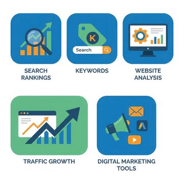 Seo optimization icon pack for digital marketing with displays collection five five icons related statistics magnifying analytics megaphone with rankings