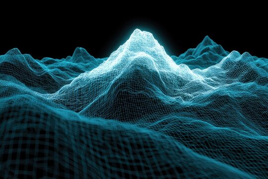 Luminous wireframe mountain range glows in digital abyss