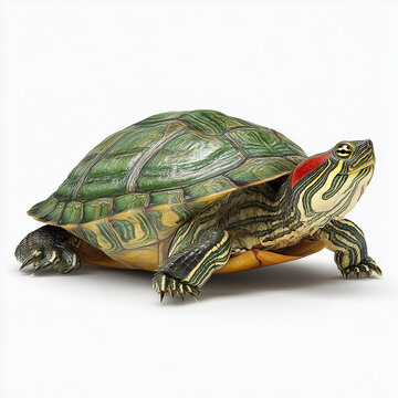 Red-eared slider turtle on white background. Small aquatic reptile with green shell.