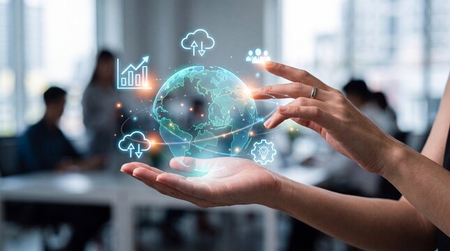 Person holding a digital earth globe with technology icons