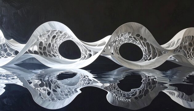 Abstract White 3D Printed Wave Sculpture Reflection.