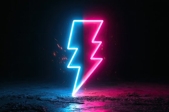 Vibrant neon lightning bolt splits light into electric blue and hot pink