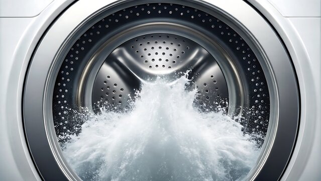 Washing machine interior with soapy water splashing during cycle spin cycle laundry day cleaning appliance domestic