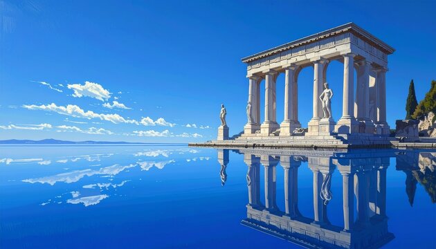 Ancient Greek Temple Reflected in Clear Blue Water.
