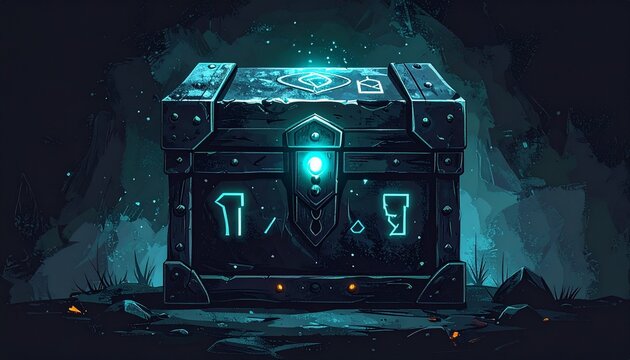 Mystical glowing treasure chest in dark fantasy cave.