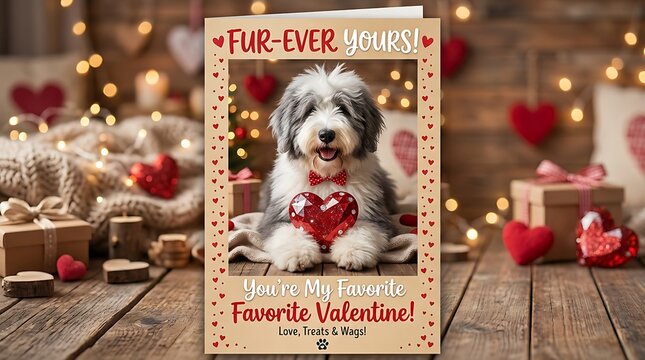 Valentine greeting card featuring cute shaggy dog with red heart and punny text message.