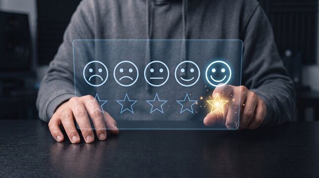 Person giving a five star rating with digital smiley faces