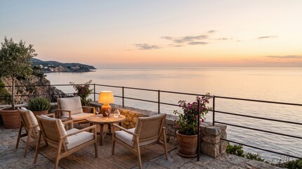 Obraz premium Wooden deck seating area with table and lamp overlooking calm sea at sunrise. quiet coastal balcony with potted plants, simple outdoor furniture and gentle morning light.