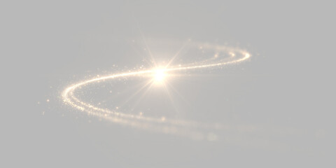 Obraz premium Gold sparkling light swirl effect with glowing particles and starburst. Isolated golden glitter ring trail on transparent background PNG