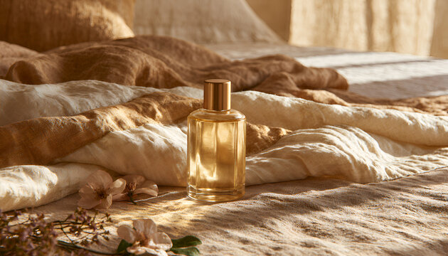 Luxury glass perfume bottle resting on soft neutral linen bedding in a sunlit bedroom for an elegant and minimalist fragrance product presentation