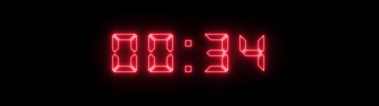 Red digital countdown timer clock display, glowing neon numbers counting down on black background, for broadcast, event, intro, and motion