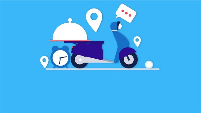 Fast food delivery service concept with scooter and icons.