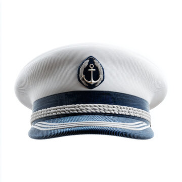 White captain hat with navy blue band. Nautical sailor cap with anchor emblem isolated.