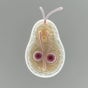 Brightfield microscopic image of a Giardia lamblia trophozoite in a human stool smear