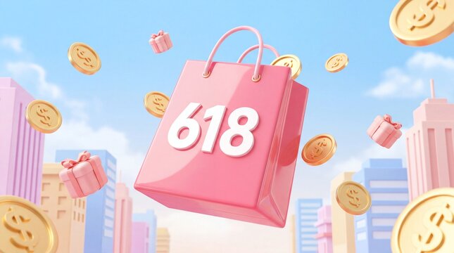 618 Shopping Festival Pink Bag with Gifts and Coins, City Background