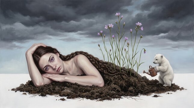 Surreal painting of a woman with long braided hair emerging from soil with flowers, being watered by a small polar bear cub