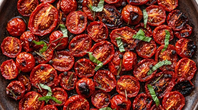 Roasted cherry tomatoes with fresh basil on rustic pan, closeup of caramelized tomato halves arranged and garnished for homemade savory dish