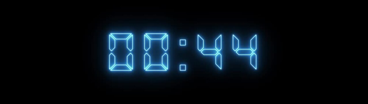 Neon blue digital countdown timer clock displaying seconds on black background, for motion and, broadcast transitions