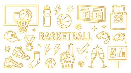 Basketball equipment line art collection with hoop scoreboard sneakers and player jersey. © jubayer71
