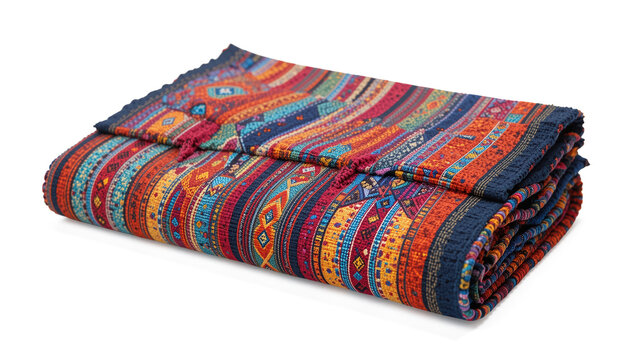 Hand-woven cloth folded with colorful geometric designs isolated on transparent background. 