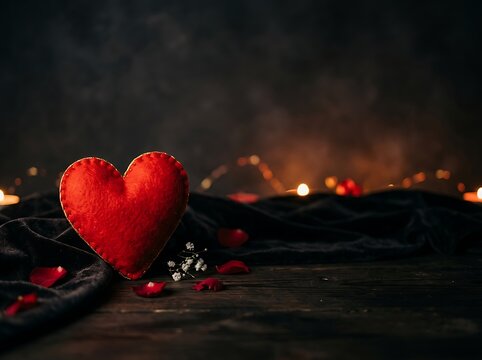Single plush red heart on a dark background with bokeh lights and rose petals.