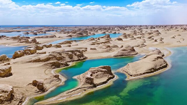 Aerial view of a unique water yardang landform with a turquoise lake and sandy shore in the Qaidam Basin, Qinghai, China