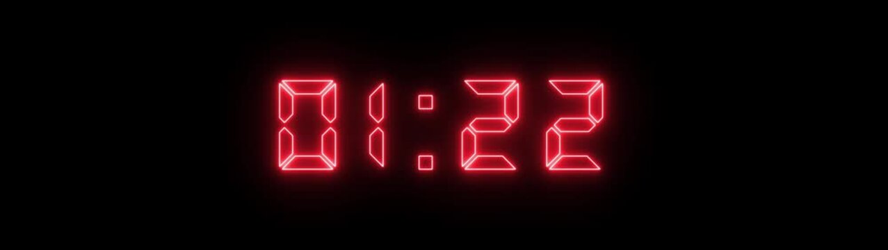 Red digital countdown timer clock display, glowing led seven-segment numbers on black background, for time-sensitive projects, and motion