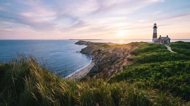 Coastal lighthouse overlooking dramatic ocean cliffs at sunrise. Scenic seaside beacon guiding ships along rugged shoreline landscape.