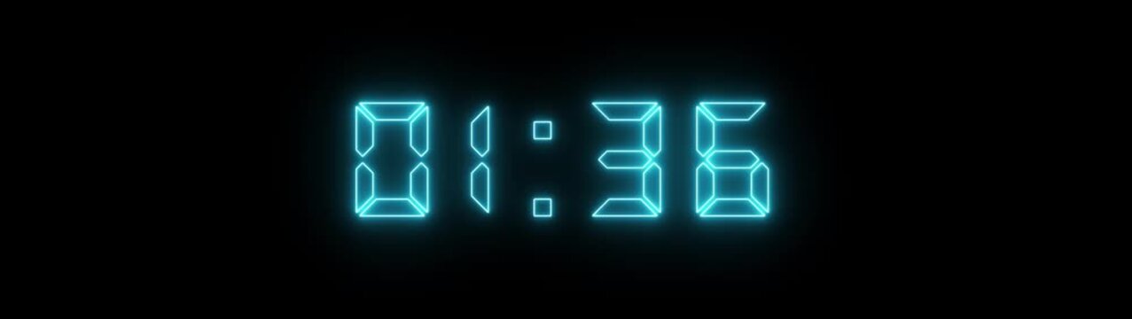 Neon blue digital countdown timer clock displaying seconds on black background, for motion