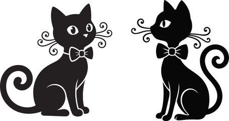 Fototapeta premium Silhouette cats with bow ties and curly whiskers on transparent background.