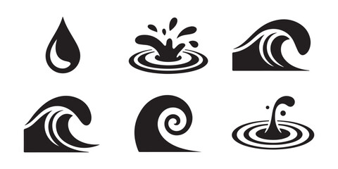 Naklejka premium Water drop ripple splash and wave icons set isolated on transparent background vector.