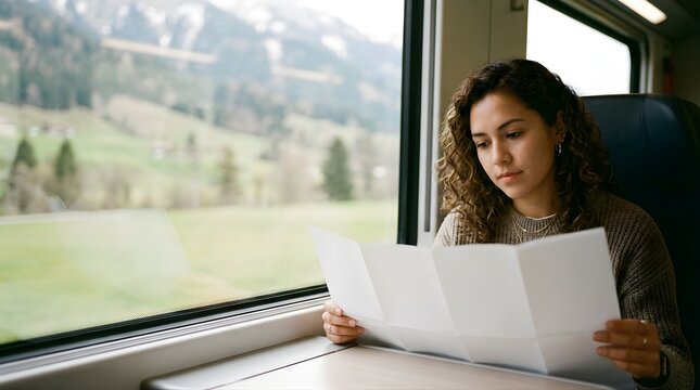Young woman reading a map while sitting in a train window seat