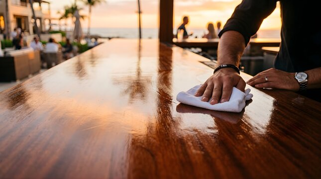 Bartender cleaning wooden bar counter at sunset on tropical beach resort