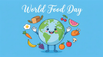 Naklejka premium A cute anthropomorphic globe character celebrating World Food Day surrounded by an assortment of healthy and delicious food items against a light blue background