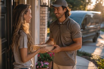 Fototapeta premium Delivery driver gives package to young woman at home entrance with van parked nearby during evening hours