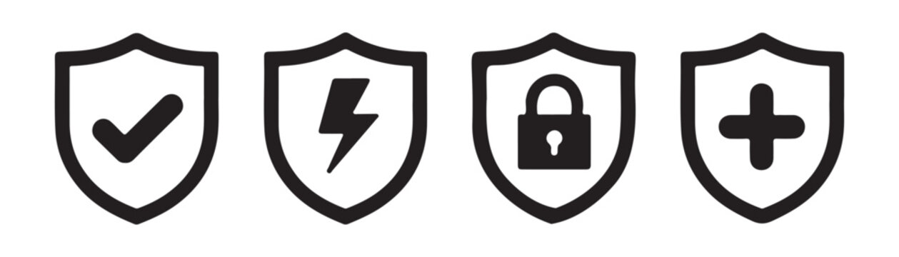 Four protective shield icons featuring check mark flash lock and cross for safety and security concepts.