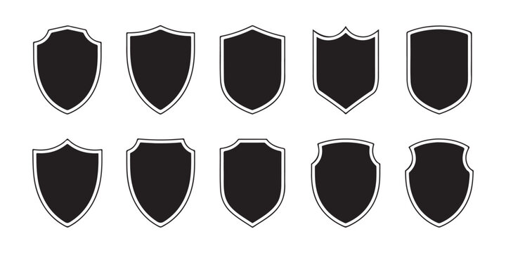 Collection of blank shield vector icons in various shapes and styles for emblems and badges.