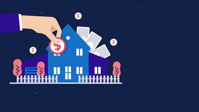 Flat vector illustration of a hand investing money into a residential house property.