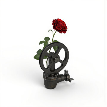 Industrial valve. A large industrial wheel valve holds a single red rose (Rosa 'Black Baccara'), isolated on a white surface,
