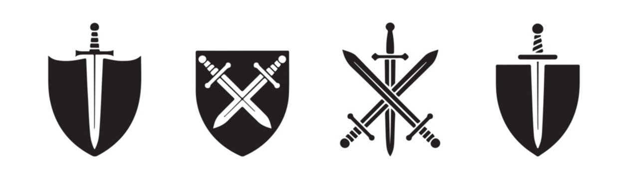 Medieval shield and sword icon set with crossed blades and classic heraldic knight armor equipment.