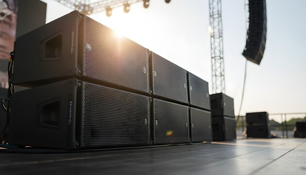 Powerful concert speaker sound system installed on an outdoor stage at golden hour for live music festival entertainment and event production concept