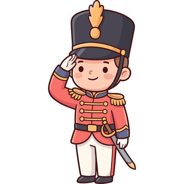 Cute cartoon toy soldier in red royal guard uniform saluting with gold details and tall shako hat isolated on white background